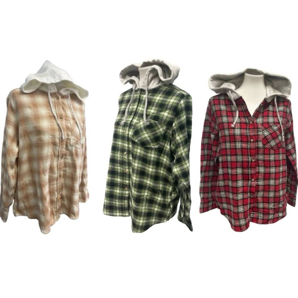 NEW TIME AND TRU women's plaid flannel hoodie three piece set in red green tan